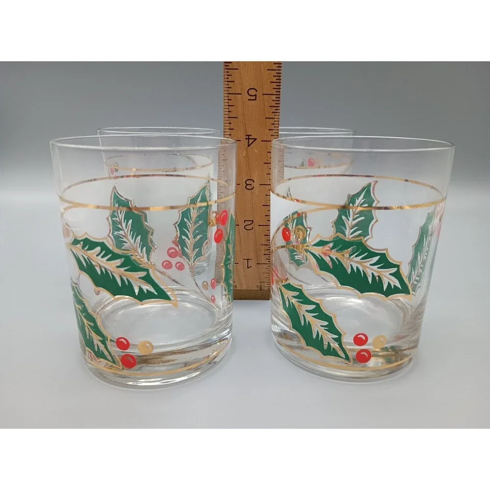 4 Vintage 12 oz Culver Christmas Holiday Holly Leaves & Berries Glasses